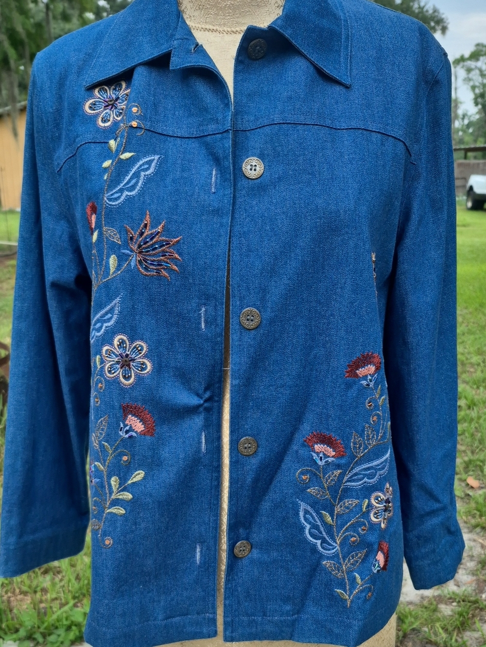 Alfred Dunner 12 Petite Embroidered Embellisment Button Up Jacket Cotton Blue